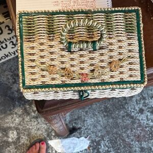 Woven Straw Jewelry Box with Floral Accent - Natural & Green